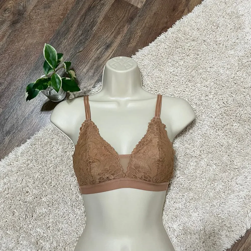 Aerie Size XS Brown Floral Lace Mesh Wireless Unlined Pull-On Bralette NWOT